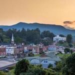Sylva?s downtown, against the backdrop of the surrounding Blue Ridge Mountains at dusk.